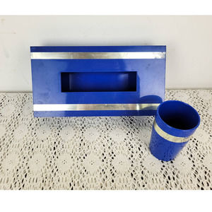 Vintage 80s Retro Vendome Exclusives Inc Blue Silver Bathroom Tissue Box and Cup